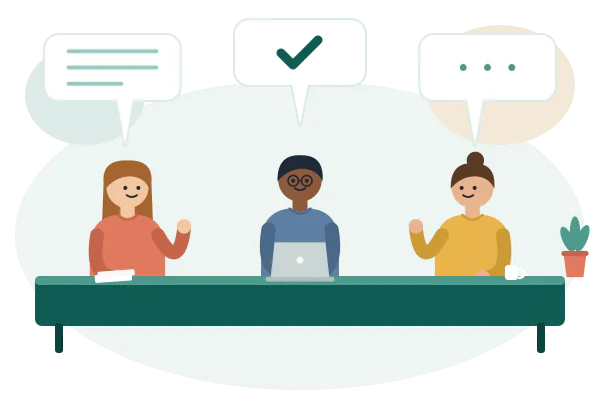 Illustration: a mediator with a laptop talking with two people at a table
