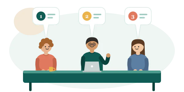Illustration: three people at a table following a step-by-step plan