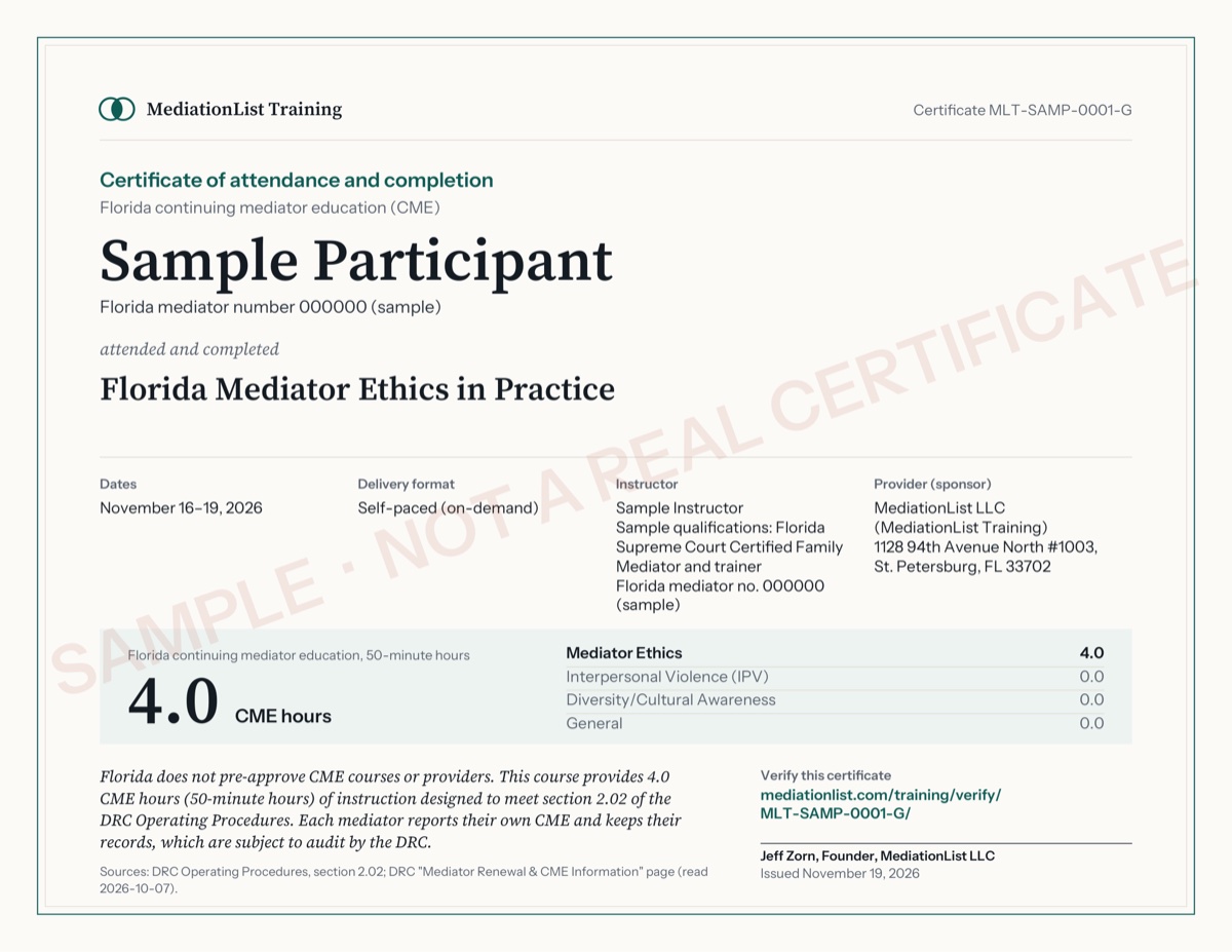 Sample certificate for 'Sample Participant', Florida Mediator Ethics in Practice, 4.0 CME hours including 4.0 Mediator Ethics, marked as a sample.